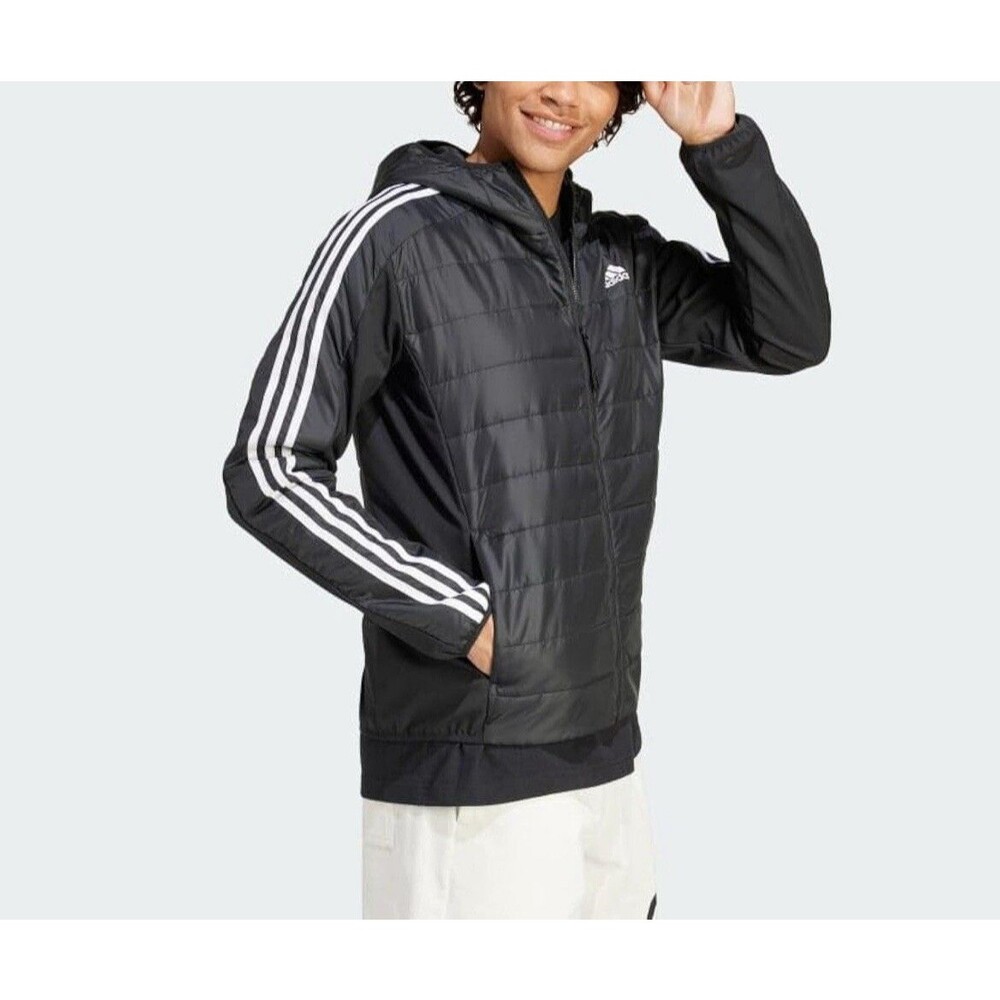Adidas Essentials 3-Stripes Insulated Hooded Hybrid Jacket Black Men's Large-NEW